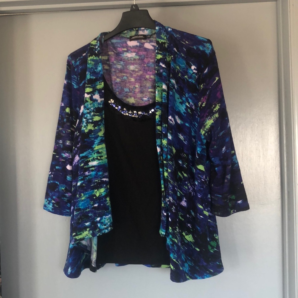 NOTATIONS Womens Cardigan with attached jeweled Tank Top Size XL Blue Green